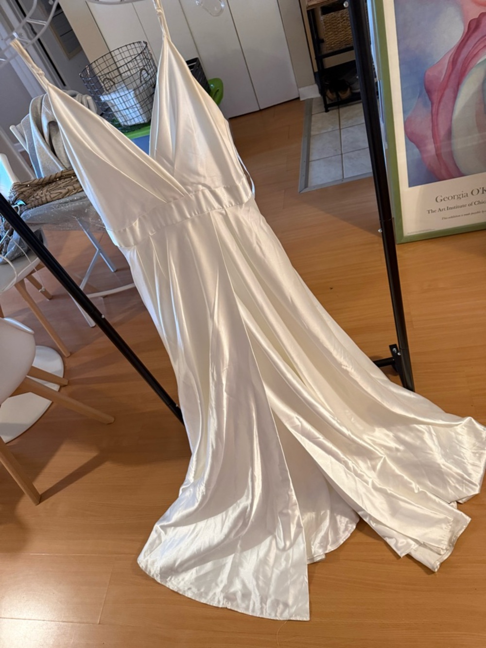 Satin White Spaghetti Strap A-Line Gown - Picture 6 of 9